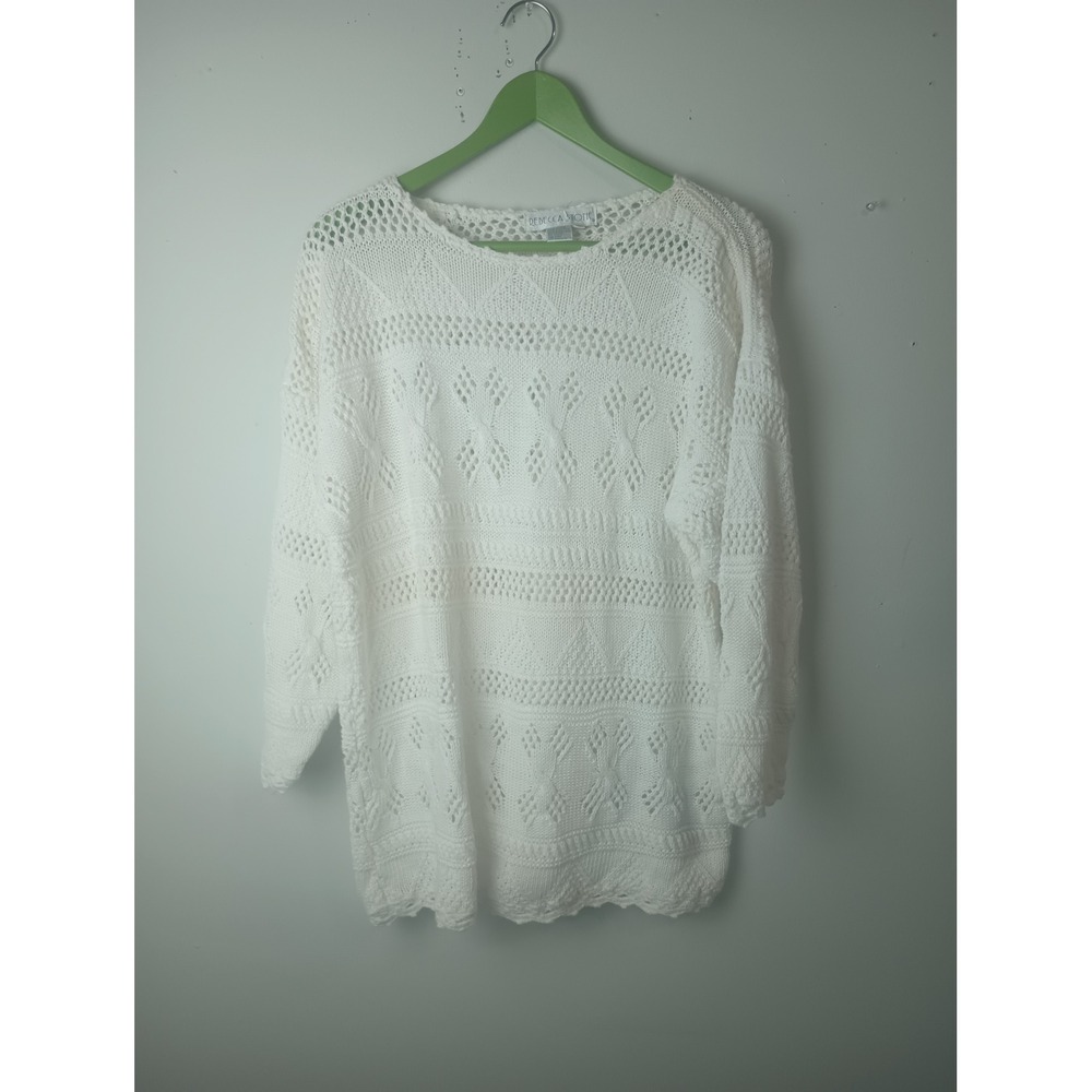 Rebecca Stone Vintage Crochet Knit Sweater White Ramie Cotton Pointelle Medium